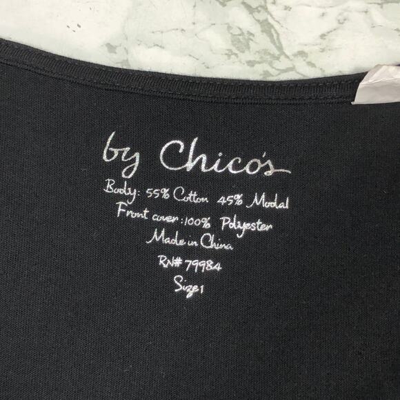 Chicos Size 1 US 8 Knit Top Tiered Layering Tank Blouse Ruffles Black Stretch - Picture 13 of 14